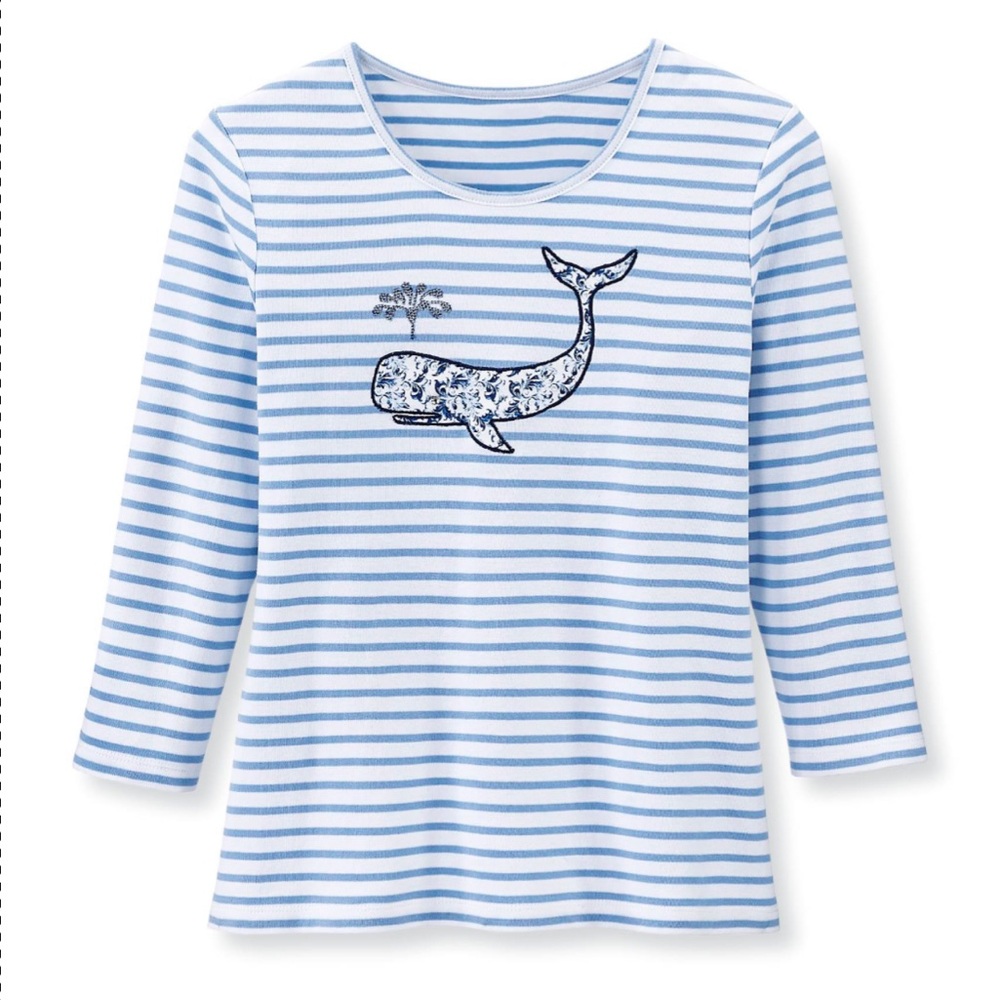 Serengeti blue striped top with embroidered whale, L